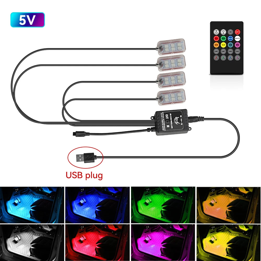 Transform Your Car's Interior with LED Ambient Foot Strip Lighting Kit - Remote & Music Control RGB Decorative Lamp